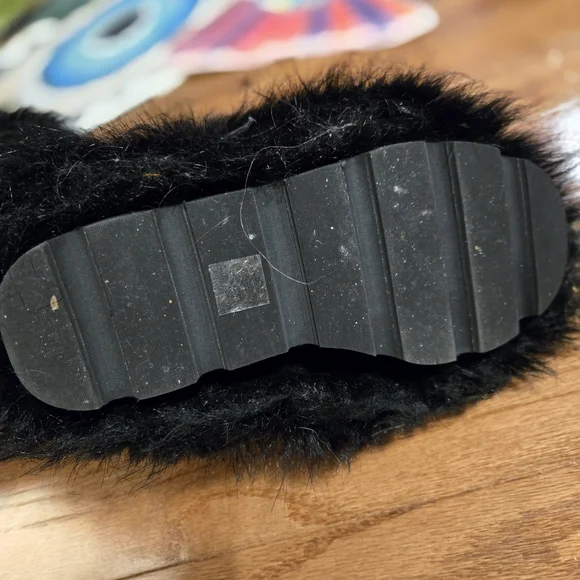 Dolls Kill Club E X Black Faux Fur Boots with Leather Straps - Picture 3 of 7